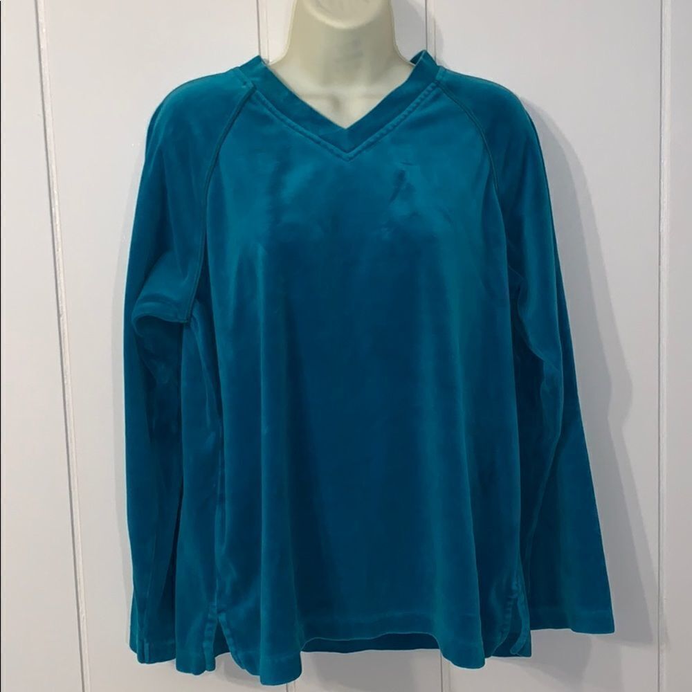 Vtg 80s Catalina turquoise velour long sleeved top